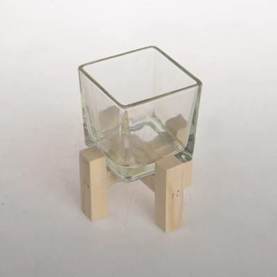 Eco-Friendly Elegant Square Clear Cheap Glass Candle Holder Jar with Wooden Rack for Home Decoration