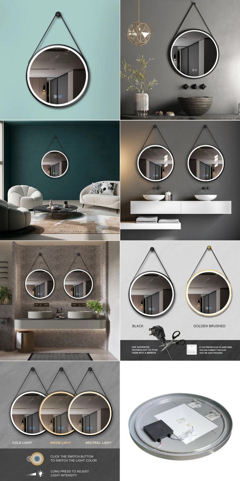 Wholesale Luxury Home Decorative Aluminum Frame Smart Wash Basin Round Mirror Front Surface LED Light Bathroom Illuminated Wall Glass Vanity Mirror