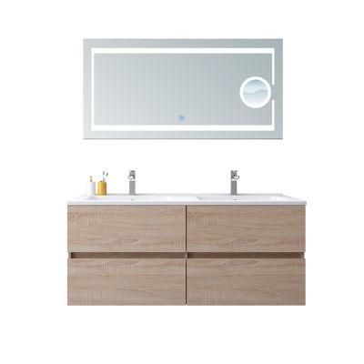 Modern Bathroom Vanity with Double Basins and Magnifying Glass