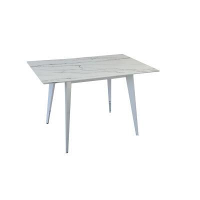 Home Livining Room Furniture Table Sets Tempered Glass Marble Effect Table Top Dining Table with Coated Steel Plate Leg