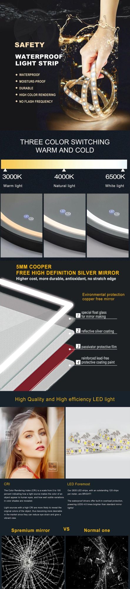 Anti Fog Decorative LED Mirror Smart Mirror Wholesale LED Bathroom Backlit Wall Glass Vanity Mirror