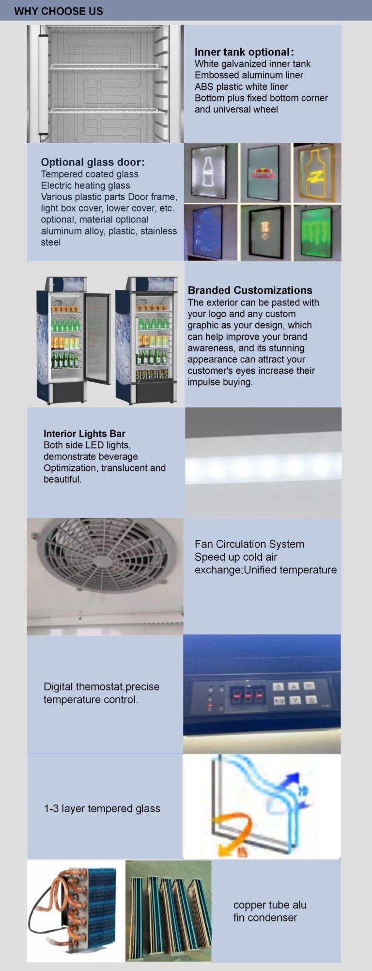 Fan Cooling Sticker on Embraco Impressor 1435L Freeze ≤ -20 º C Low-E Tempered Video Animation Triple Defrost Glass Door Vertical Showcase Cooler