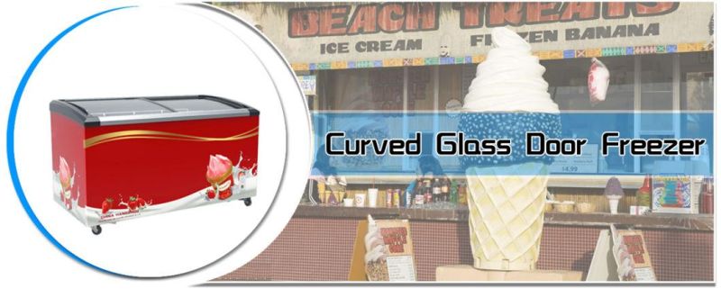 Low Price Supermarket Commercial Curved Sliding Glass Door Refrigerator Ice Cream Showcase Chest Freezer