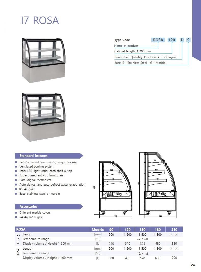 Top Glass Cake Display Showcase with Marble or Stainless Steel Base