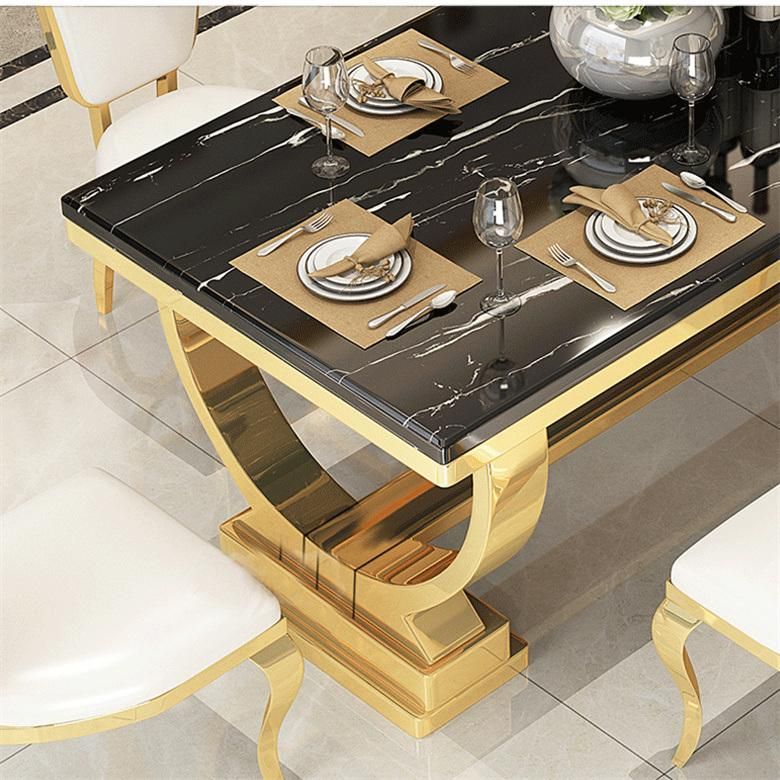 Living Room Furniture Home Hotel Restaurant Dining Set Marble Glass Top Metal Stainless Steel Pedestal Dining Chair Table