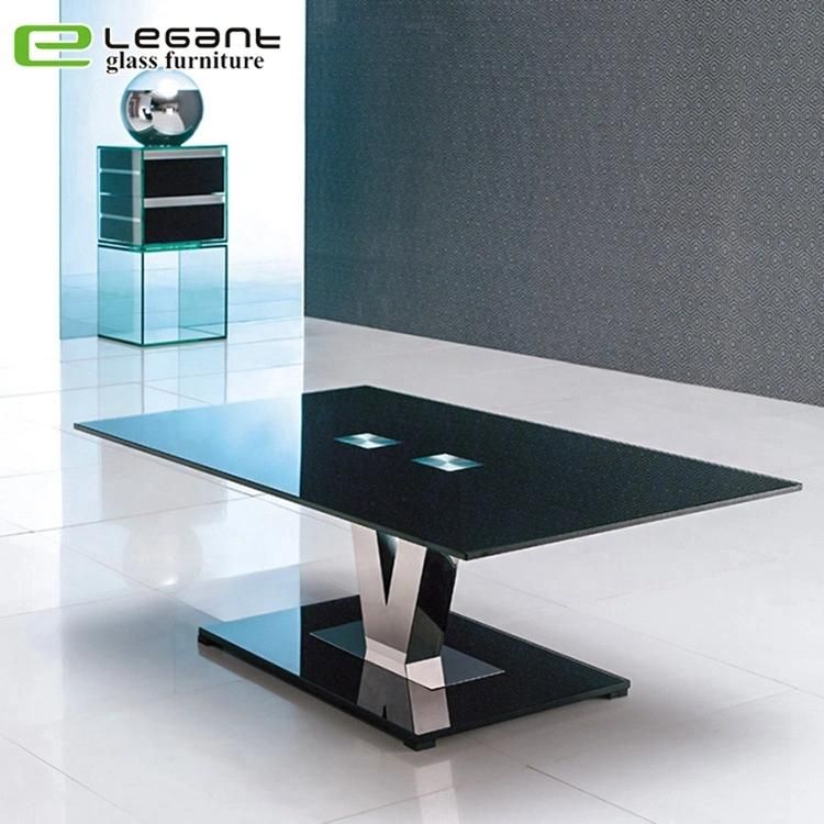 Modern Square Metal Legs Black Tempered Glass Center Table