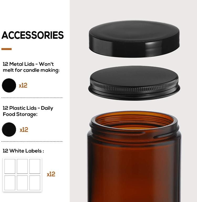 8oz 250ml Amber Glass Candle Jar Container Vessel with Metal Lid or Plastic Lid for Candle Making