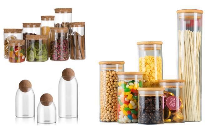 Swing Top Thick Glass Transparent Spice Storage Bottle Glass Jar in Wood Storage Rack