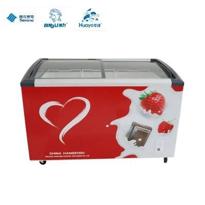 Wholesale Commercial Food Horizontal Supermarket Curve Sliding Glass Top Door Ice Cream Deep Showcase Display Chest Freezers (SDX-298)