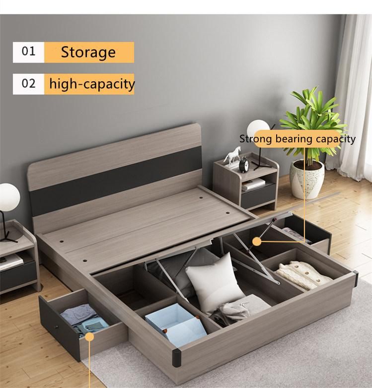 Modern Simple Design Long Backrest Grey Color Bedroom Home Hotel Furniture Wooden Bed with Night Stand