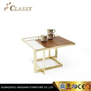 Square Dining Coffee Table with Wooden and Tempered Glass Top in Stainless Steel Base