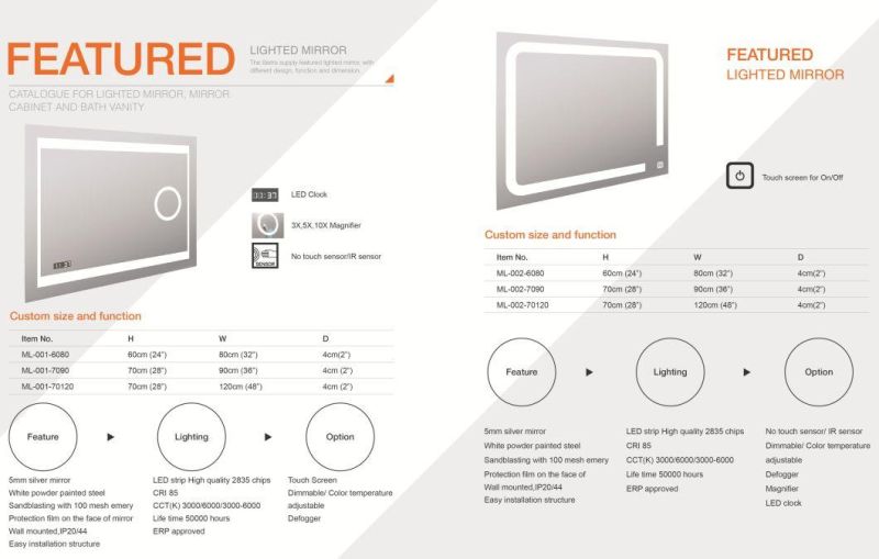 Anti-Fog Aluminum Bathroom Illuminated LED Mirror with Saso Certificate Approved