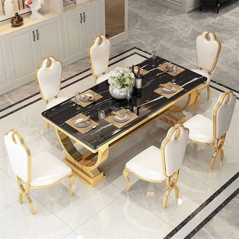 Living Room Furniture Home Hotel Restaurant Dining Set Marble Glass Top Metal Stainless Steel Pedestal Dining Chair Table