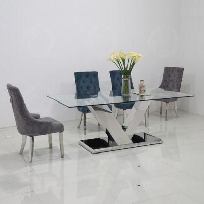 Silver V Stainless Steel Base Glass Modern Dining Table