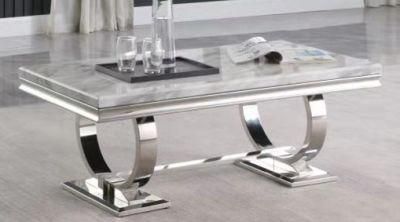 modern Coffee Table with Round Leg Rectangle Table with Marble Paper Top and Ring Leg