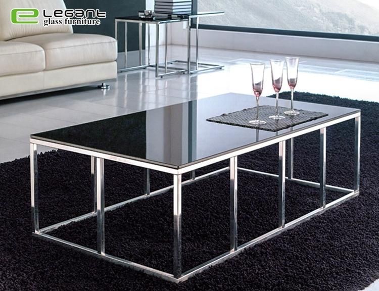 Rectangle Painting Glass Coffee Table with Black Coated Iron Base