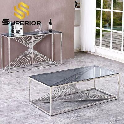 Tempered Glass Storage Sofa Coffee Table with Stainless Steel Base
