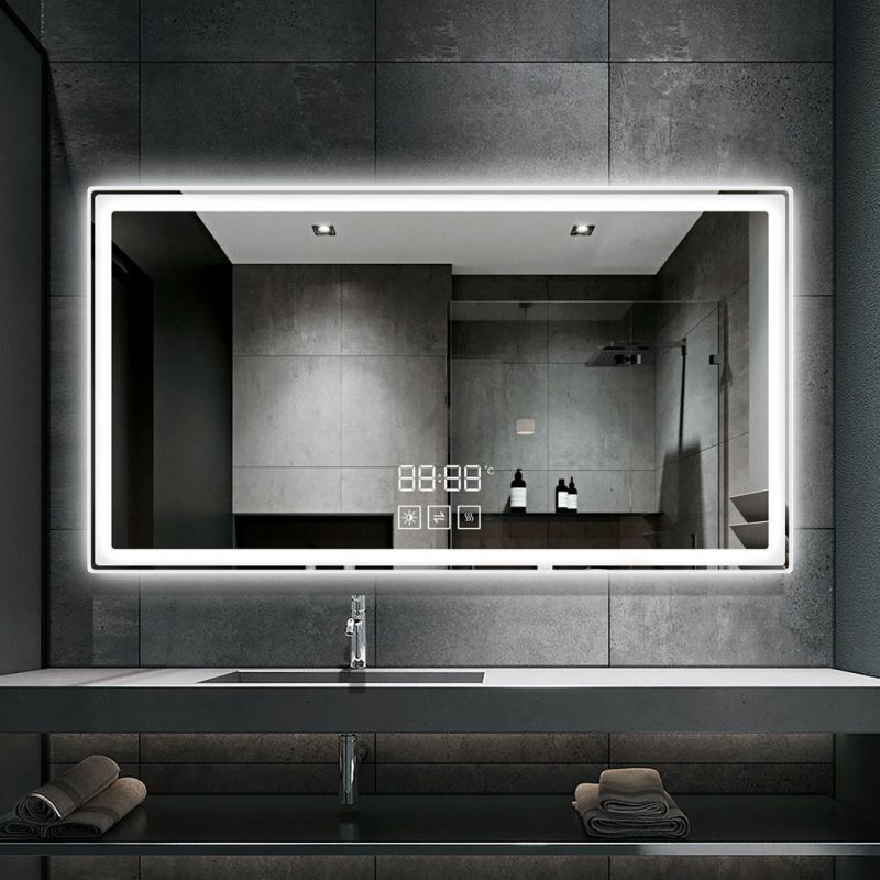 New fashion Design Frameless Home Decorative Smart LED Bathroom Backlit Light Wall Glass Vanity Toilet Makeup Wall Decor Adjustable Light Temperature Mirror