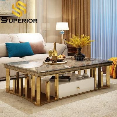 Living Room Luxury Coffee Table Gold Steel With Marble