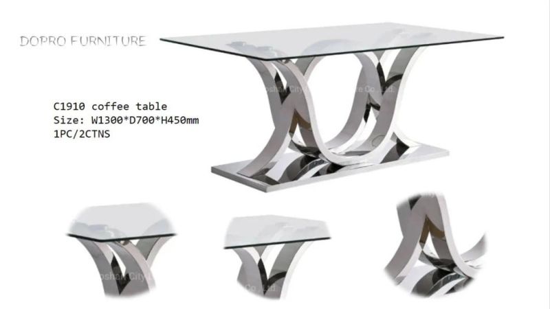 Stainless Steel Vertical Grain Irregular Base Coffee Table with Glass Top