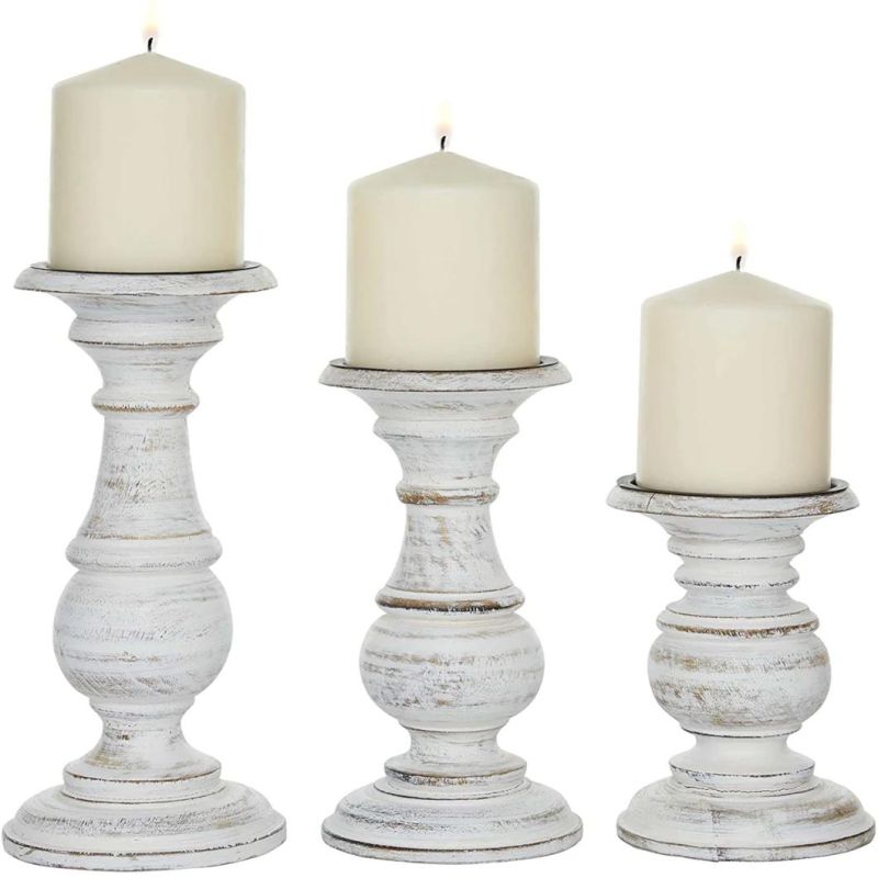 Traditional Mango Wood Candle Holder Pillar Candle Holders Decorative Candlestick Holder for Home Decor Wedding Dining White/Rose Blush