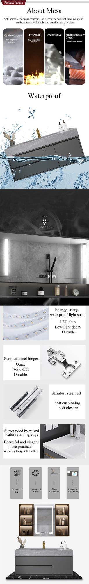Classic Style America Solid Wood Material Waterproof LED Mirror Bathroom Basin Cabinet