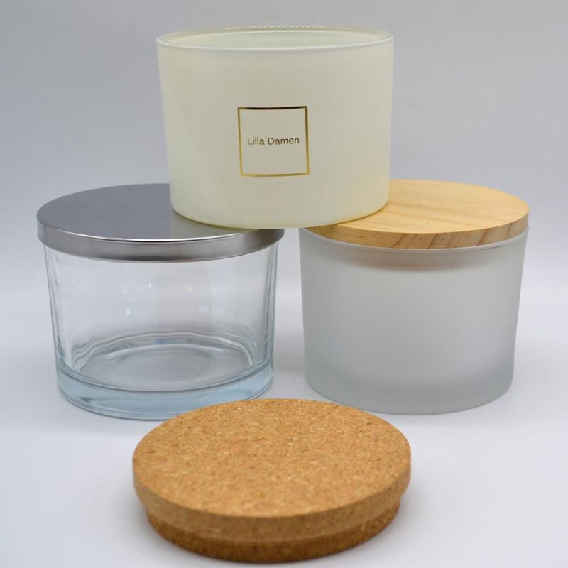 Wholesale Empty Candle Holders in Bulk Container Frosted Glass Candle Jars with Wooden Lid