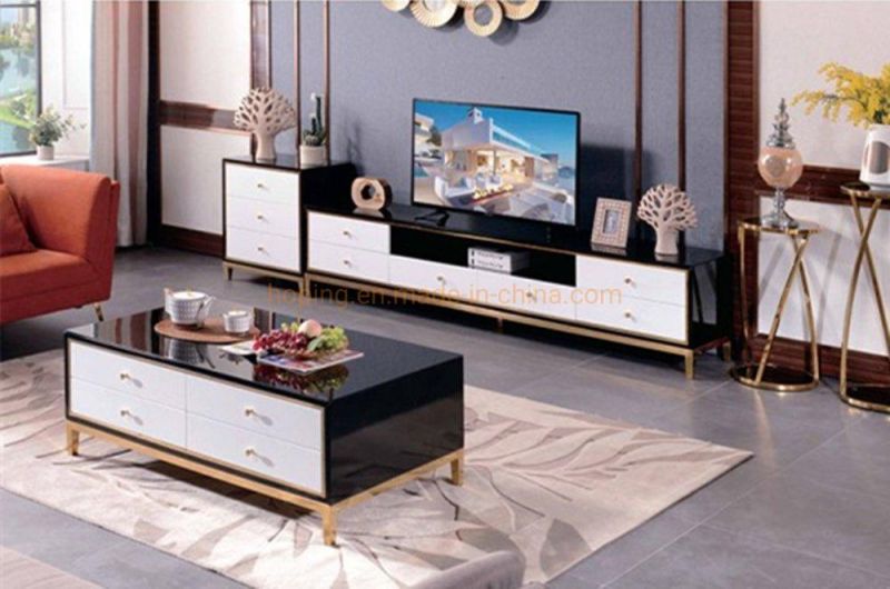 Modern Mirrored Metal Coffee Table Rectangle Living Room Set Center Table with 2 Drawers
