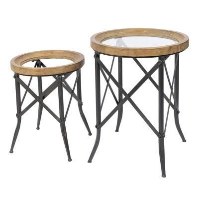 Set of 2 Wooden and Metal Coffee Table Glass Coffee Table