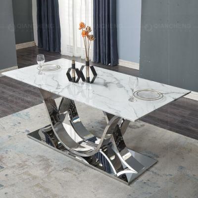 6 Seater Silver Stainless Legs Tempered Glass Dinner Table