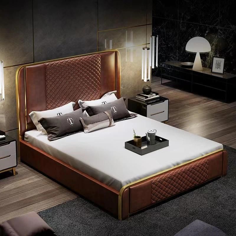 Luxury Bedroom Furniture Modern Upholstered Leather Italian Bed with Storage King Size White Leather Bed