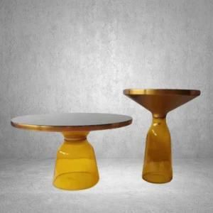 Modern Beautiful Colorful Bedroom Vintage Round Gold Chrome Metal Glass End Bell Coffee Table