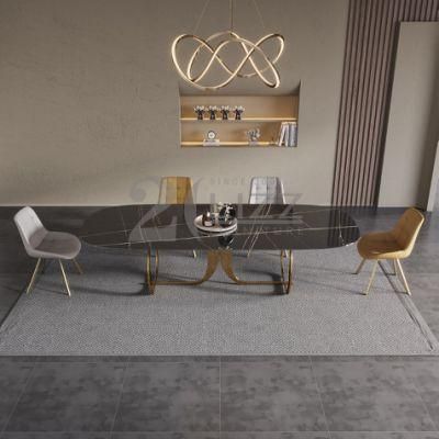 Exclusive Italian Simple Design Cricular Home Furniture Modern Dining Room Black Marble Table Set with Leather Chair