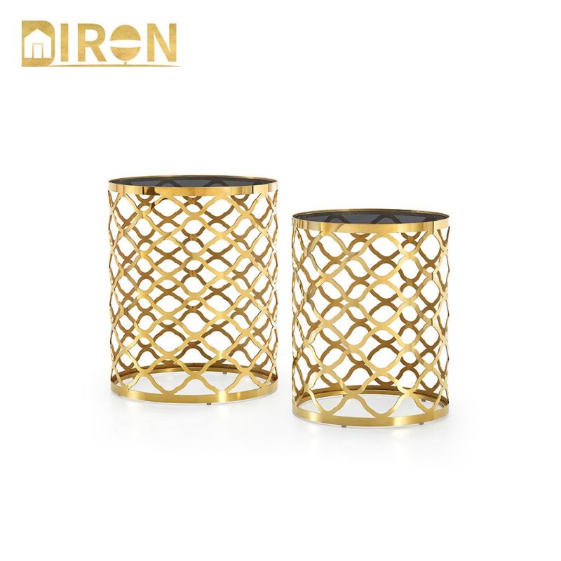 Modern 8mm Tempered Clear Glass Round Golden Stainless Steel Nesting Side Table Set Coffee Tables