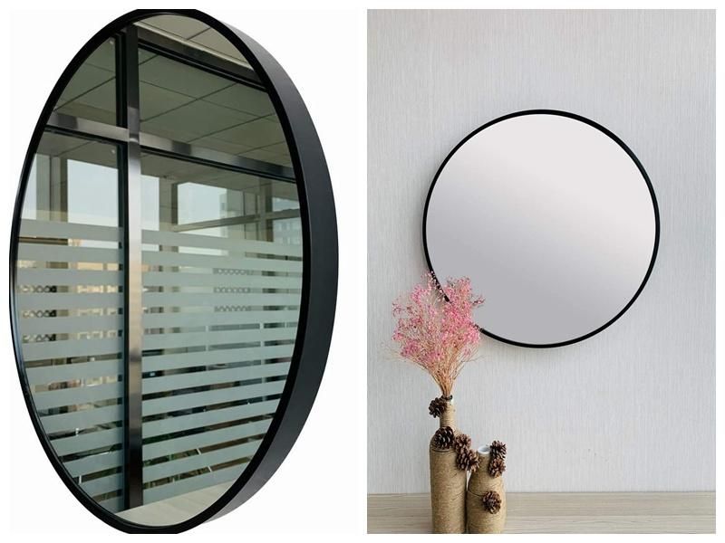 Bathroom Wall Mounted Mirror with Metal Frame Black Rounded Corner Rectangle Hangs Horizontal or Vertical for Bathroom/Entry/Rest Room