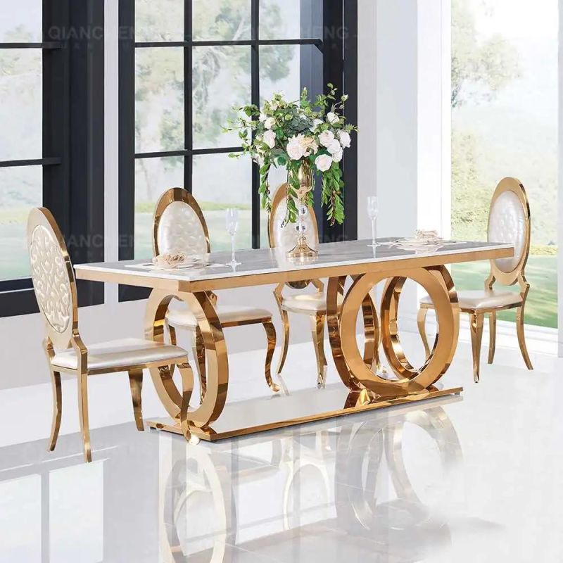 Luxurious Golden Stainless Steel Dining Set Restaurant Table with Marble