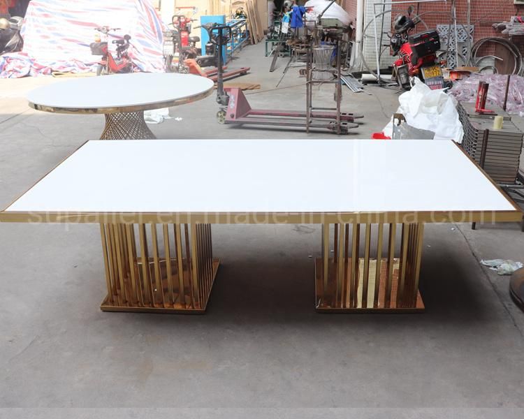 2020 New Arrival White Tempered Glass Gold Dining Table