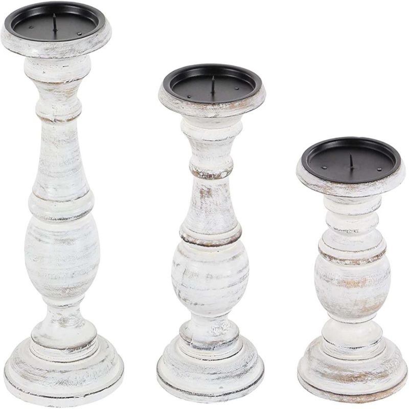 Traditional Mango Wood Candle Holder Pillar Candle Holders Decorative Candlestick Holder for Home Decor Wedding Dining White/Rose Blush