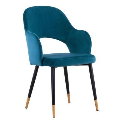 Modern Home Furniture Velvet Dining Living Room Fabric Metal Legs Dining Chair with Armrest