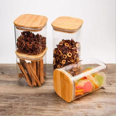 Square Glass Storage Jars with Natural Bamboo Lid Silicone Ring and Labels Kitchen Food Storage Jars