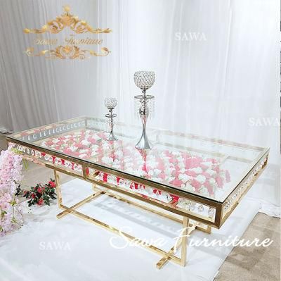 Dining Room Gold Stainless Steel Mirror Glass Top Table for Wedding