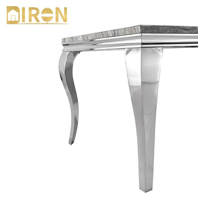 New Design Modern Style Clear Stainless Steel Polished Silver Dining Table with Tempered Glass or Art Marble Table Top