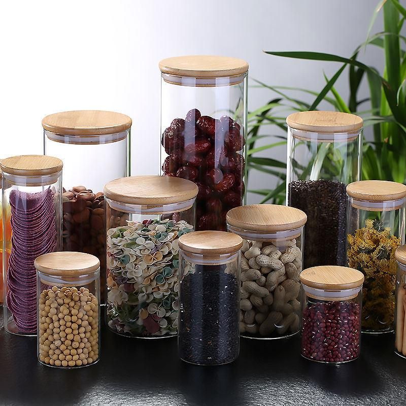 Glass Storage Jars with Bamboo Lids Clear High Borosilicate Glass Airtight Kitchen Food Cereal Containers