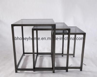 Nordic Design 3PCS Set Hand Brushed Natural Black Metal Frame with Grey Glass Coffee Table