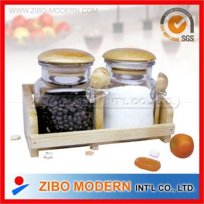 2PC Glass Spice Jar with Wooden Spoon &amp; Wooden Rack