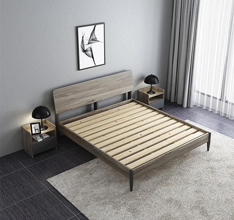 Modern Wooden Style Mixed Color Melamine Laminated Home Hotel Apartment Furniture Bedroom Bed with Night Stand