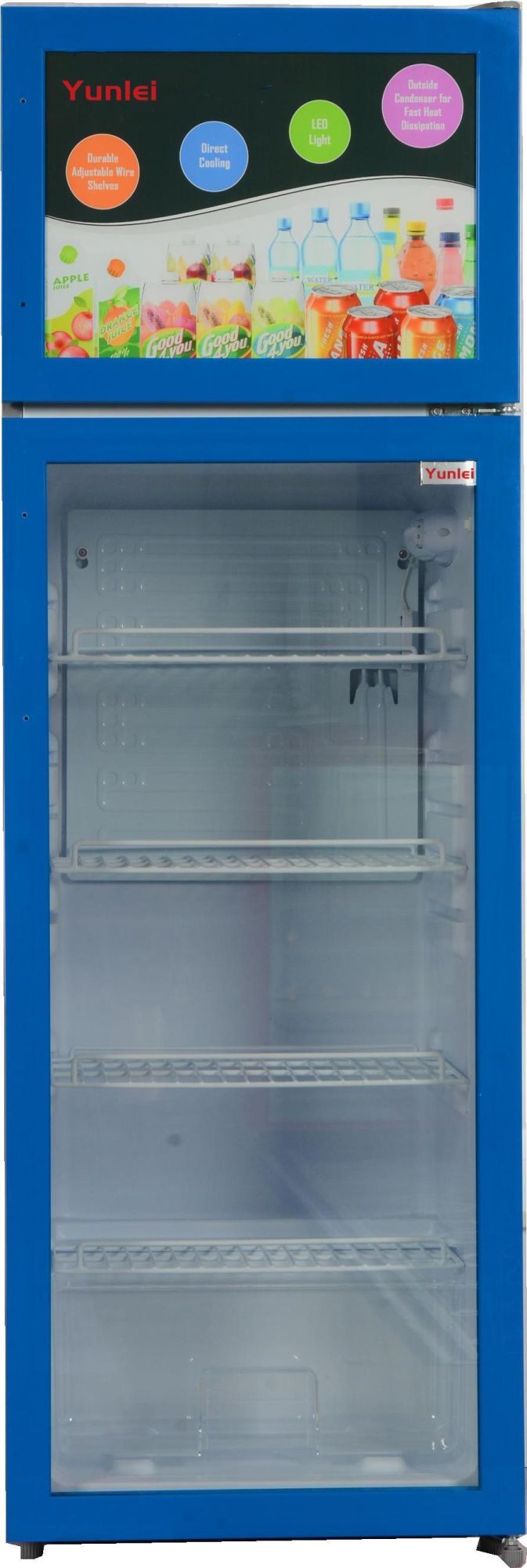 R134A CFC Free Sticker on Double Temperature Fridge 2-14 º C Freeze ≤ -15 º C 248L Low-E Tempered Video Animation Glass Door Showcase Cooler