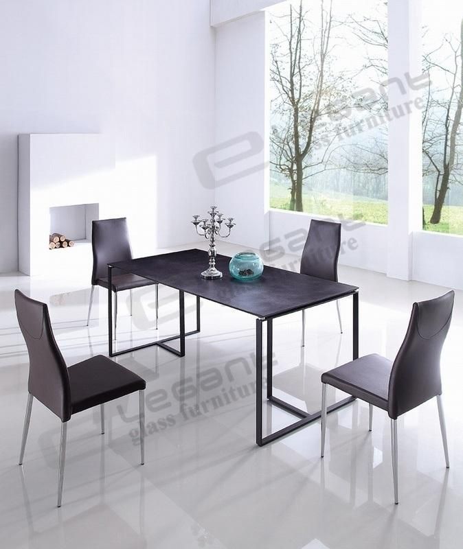 Modern Glass Dining Table with Stone Powder Finish and Black Legs