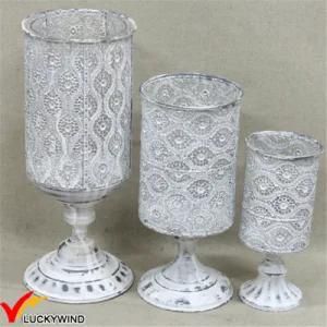 Shabby Chic White Pedestal 3 Candle Holder with Hurricane Glass