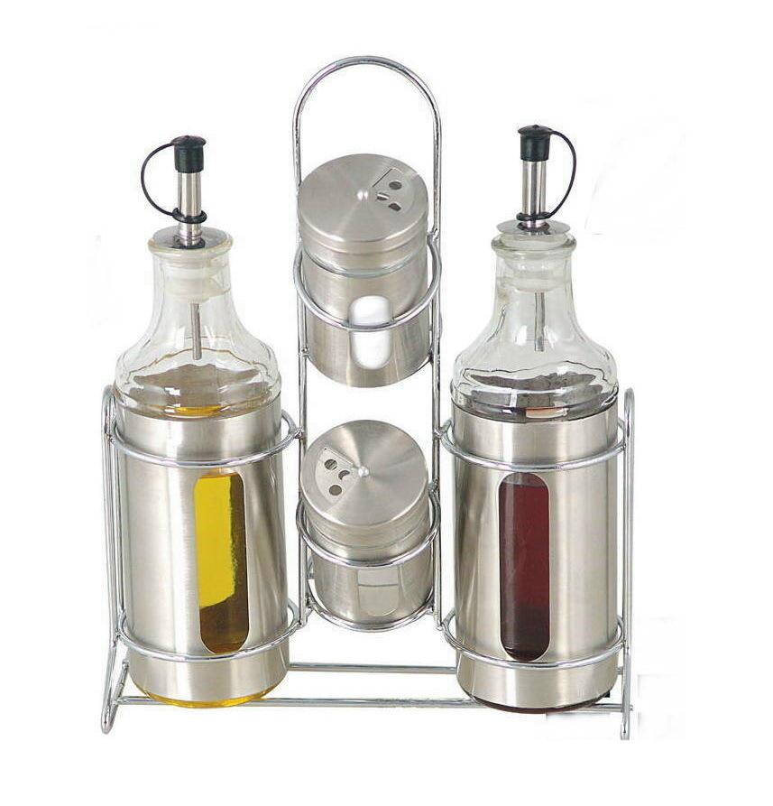 4PCS Glass Oil Vinegar Bottle and Salt Pepper Shaker with Metal Rack